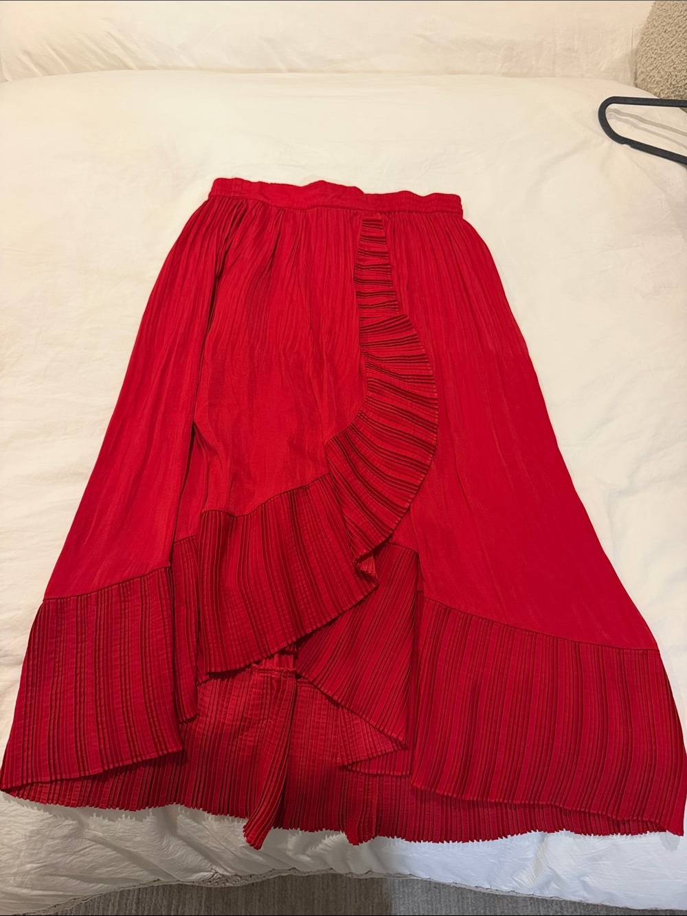 Maje Red Ruffled Pleated Midi Skirt